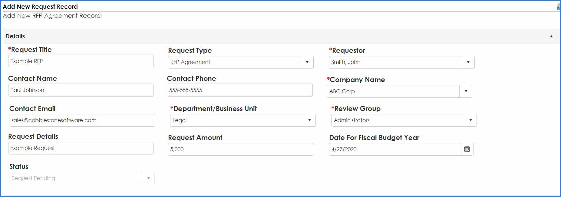 Add a new request record in Contract Insight.