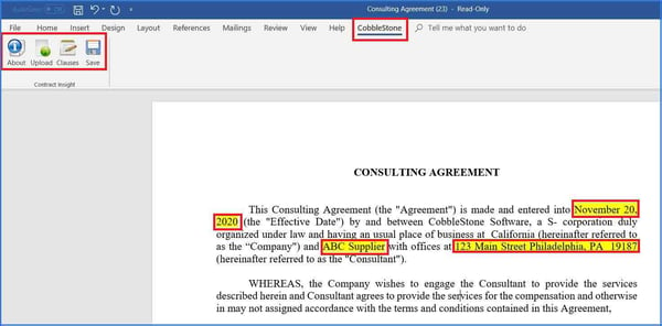 MS Word Ribbon tab shown in Contract Insight. 