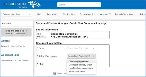 Templated clause document selection in Contract Insight.