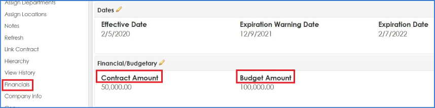 Track contract amount against budget amount with Contract Insight.