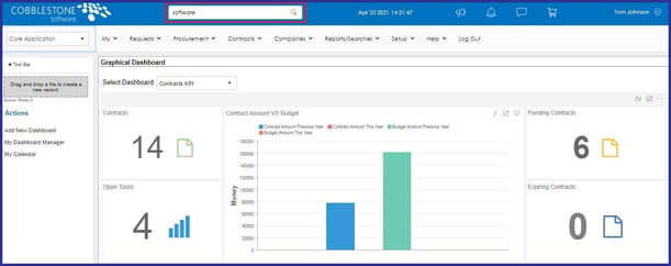 CobbleStone Software offers its user-friendly Quick Search feature toward the top of a user’s dashboard within CobbleStone Contract Insight Quick Search results.