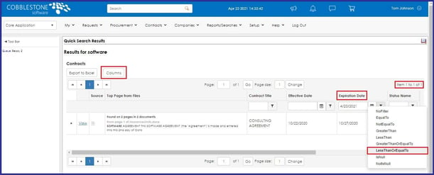 CobbleStone Software offers a filter feature within your searched items’ column fields within CobbleStone Contract Insight filter and search results.