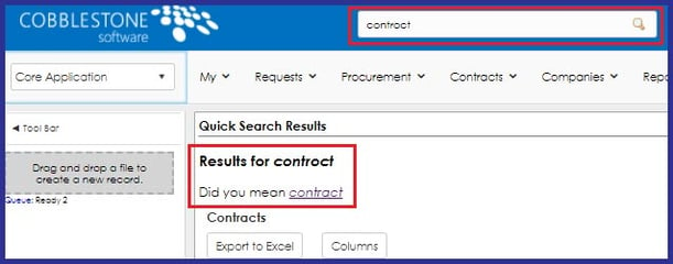 CobbleStone Software offers word suggestions for typed and searched keywords that may be misspelled within CobbleStone Contract Insight did you mean functionality.