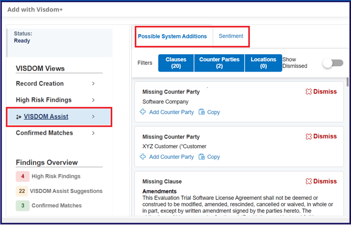 CobbleStone Software's VISDOM assist possible system additions and sentiments tabs.