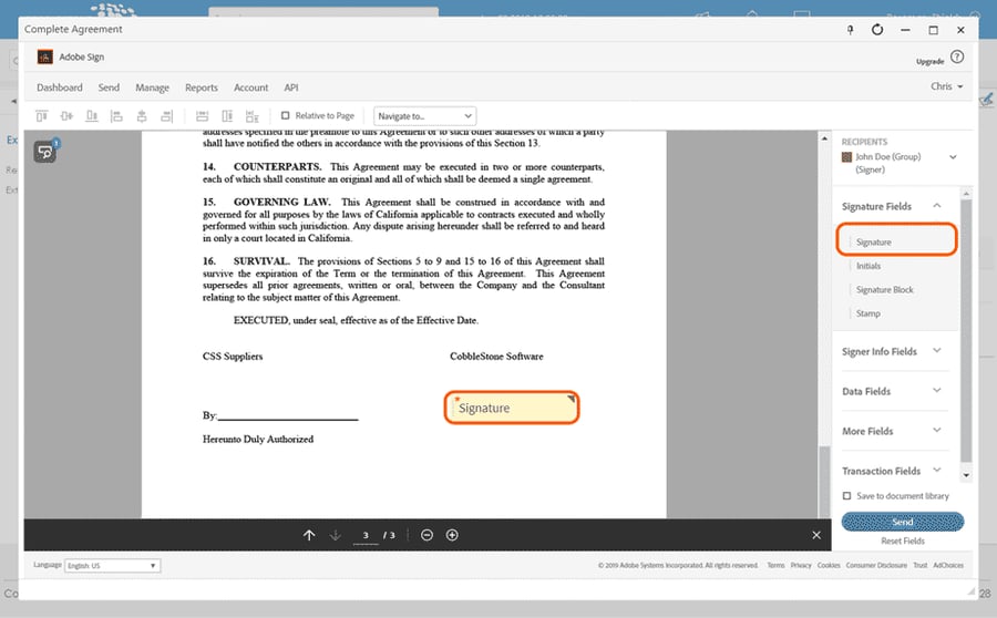 CobbleStone Contract Insight Adobe Sign Signature Placeholder