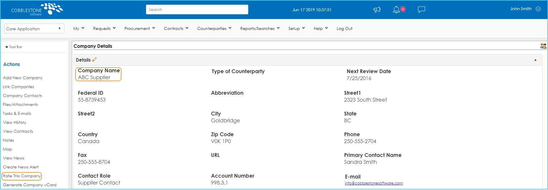Choose Vendor to Rate in Contract Insight