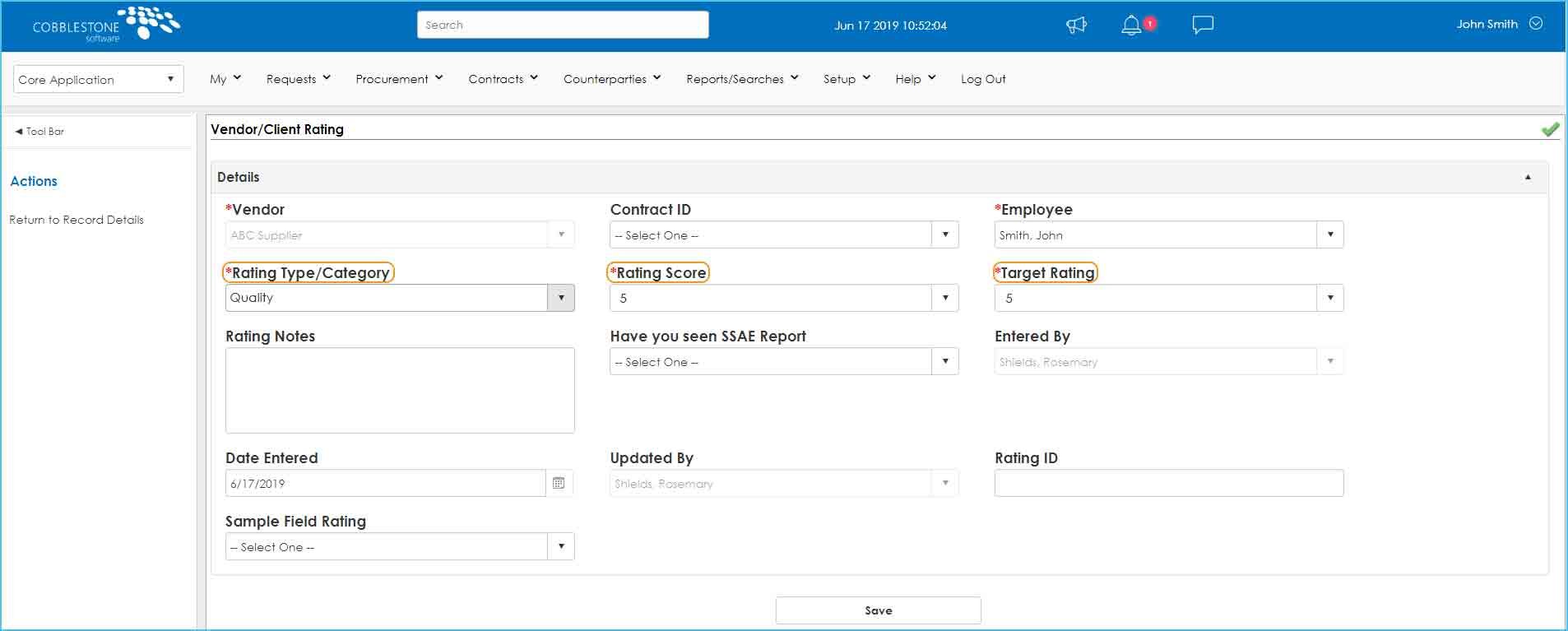 Rate Vendor in Contract Insight