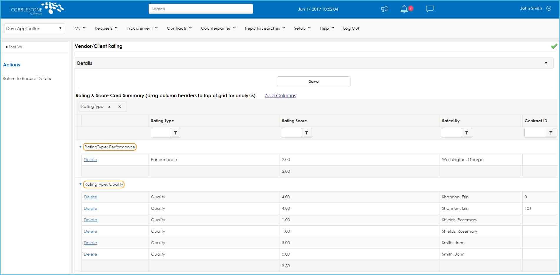 Review Vendor Ratings in Contract Insight