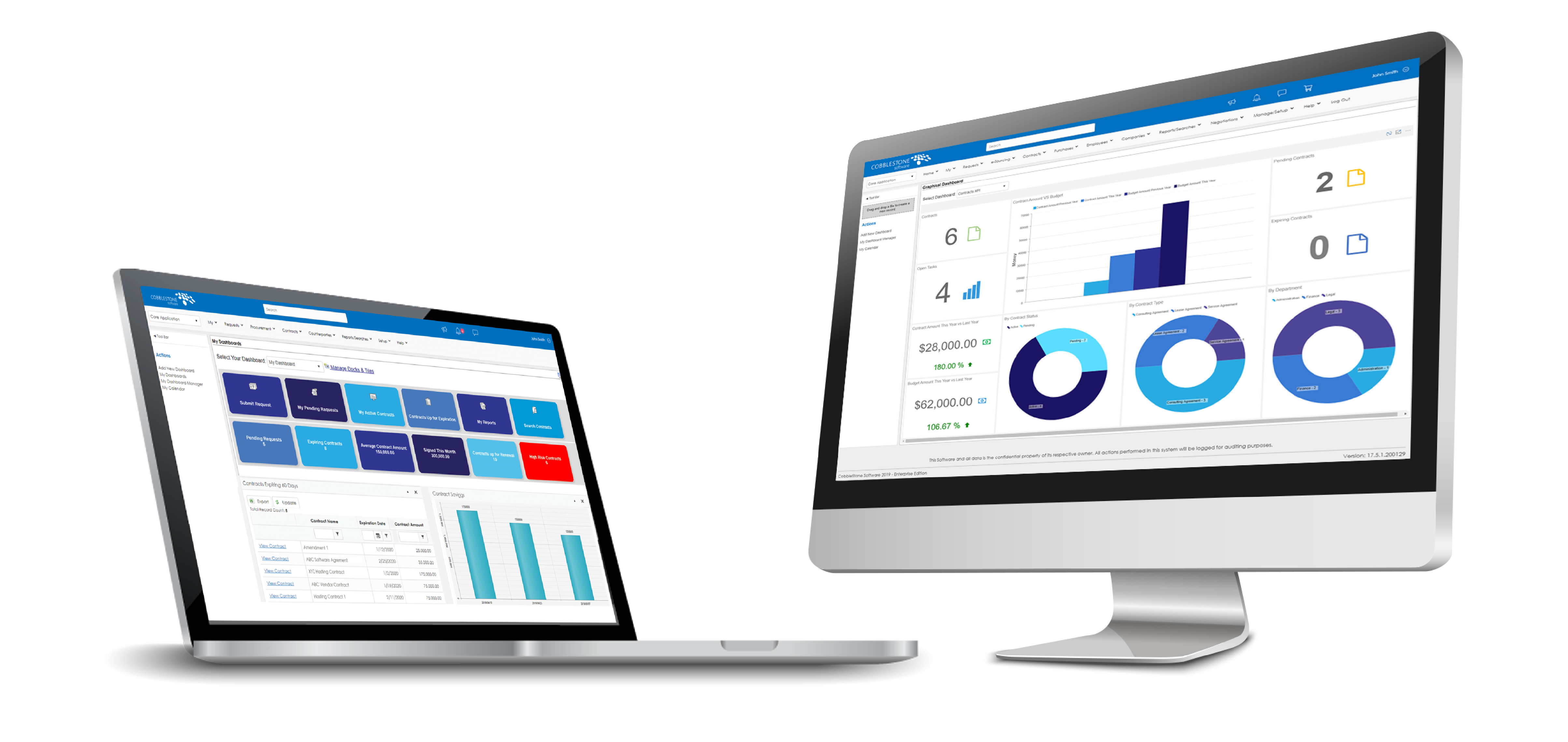 CobbleStone Software launchpads shown on laptop and executive graphical dashboard shown on desktop. 