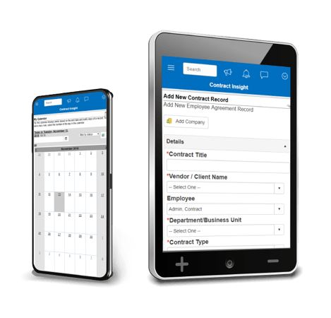 CobbleStone Software calendar shown on smartphone and adding a contract record shown on tablet. 