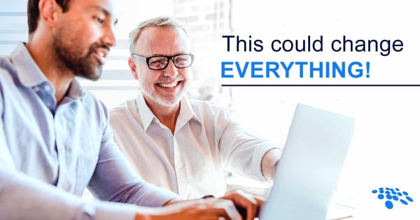 Two professionals working on a laptop in a bright office setting with bold text reading “This could change EVERYTHING!” — promoting a free contract process audit to improve workflow efficiency.