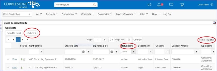 Sort and filter force majeure clause search results in Contract Insight. 