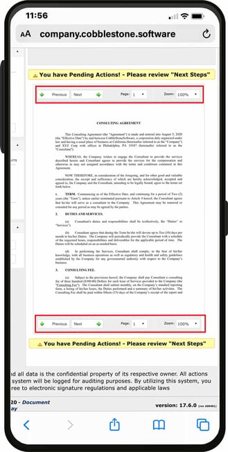 The IntelliSign electronic signature portal is shown on the Contract Insight 17.6.0 mobile app.