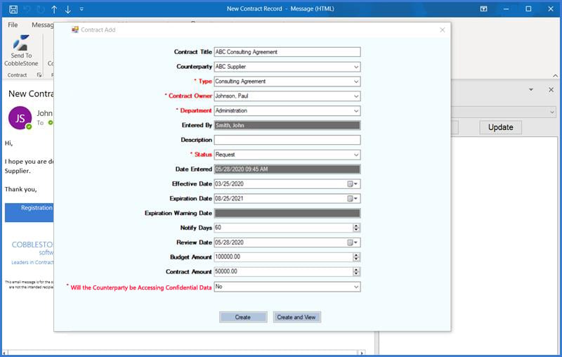 CobbleStone Software's MS Outlook Plug-in helps with adding contracts.