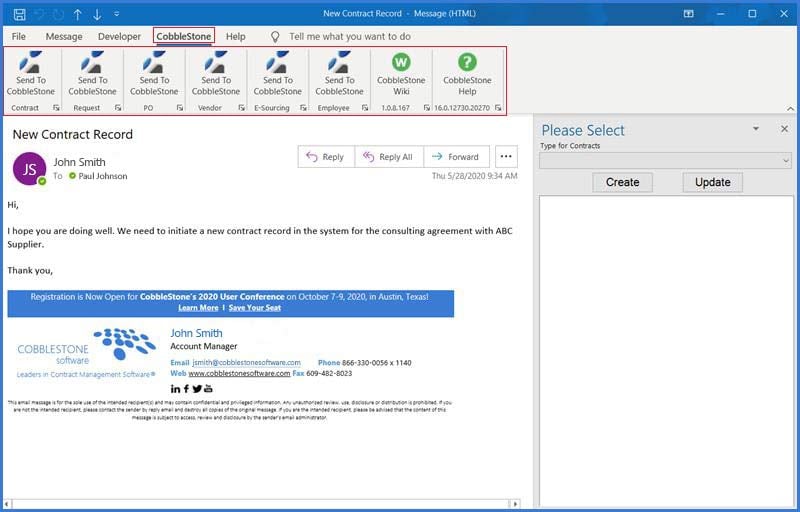 The CobbleStone Software menu ribbon is shown within MS Outlook.