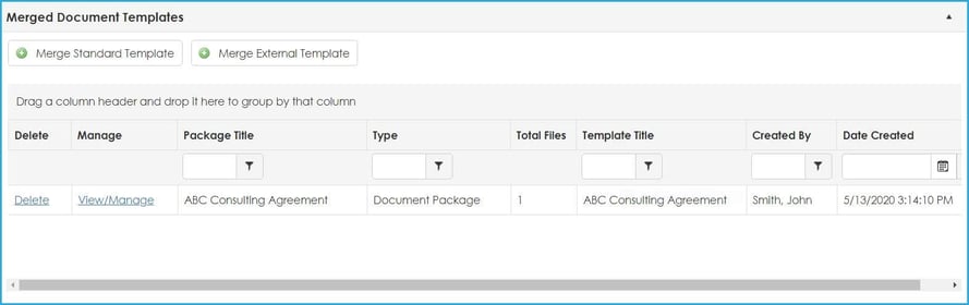 A document merged with a contract template is shown in Contract Insight 17.6.0.