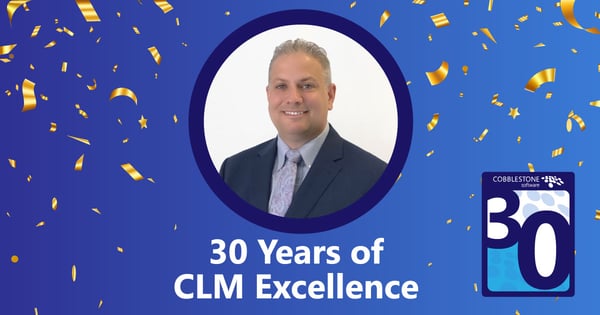 Celebratory image for CobbleStone Software's 30th anniversary with text "30 Years of CLM Excellence" and a smiling Mark Nastasi.