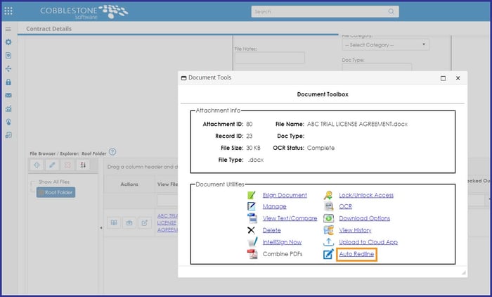 CobbleStone Contract Insight auto-redline document toolbox auto redline button.