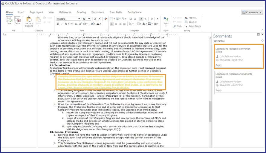 CobbleStone Contract Insight auto-redline results in CobbleStone online document editor.