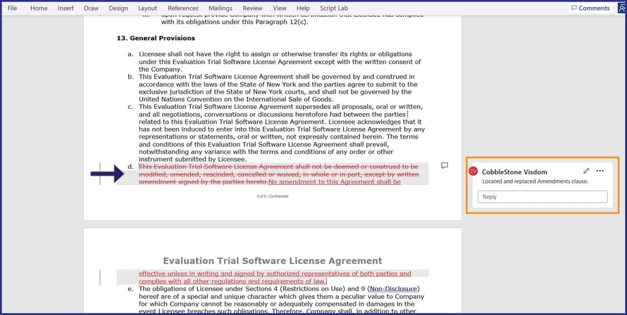 CobbleStone Contract Insight auto-redline results in CobbleStone MS Word file.