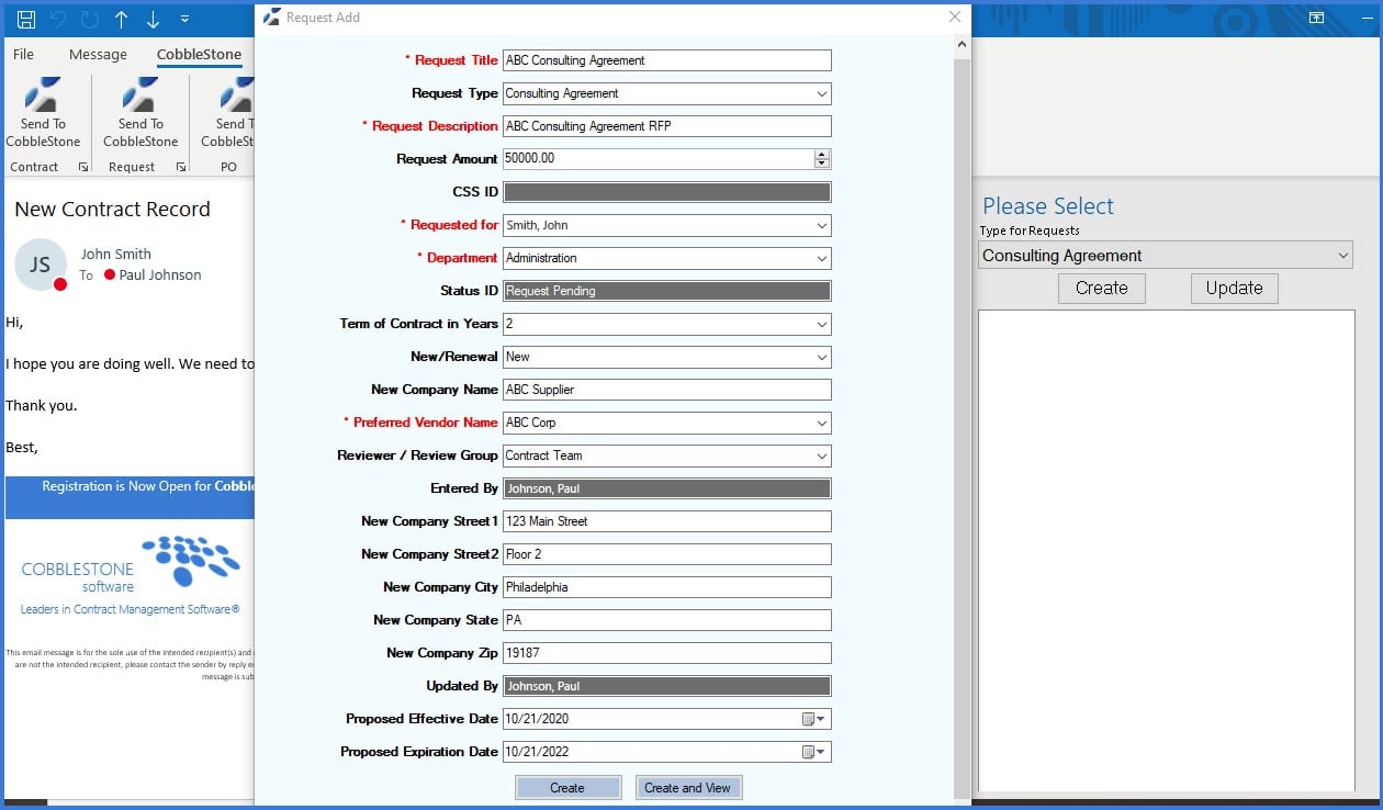 CobbleStone Software's PC Helper App easily adds contracts and requests.