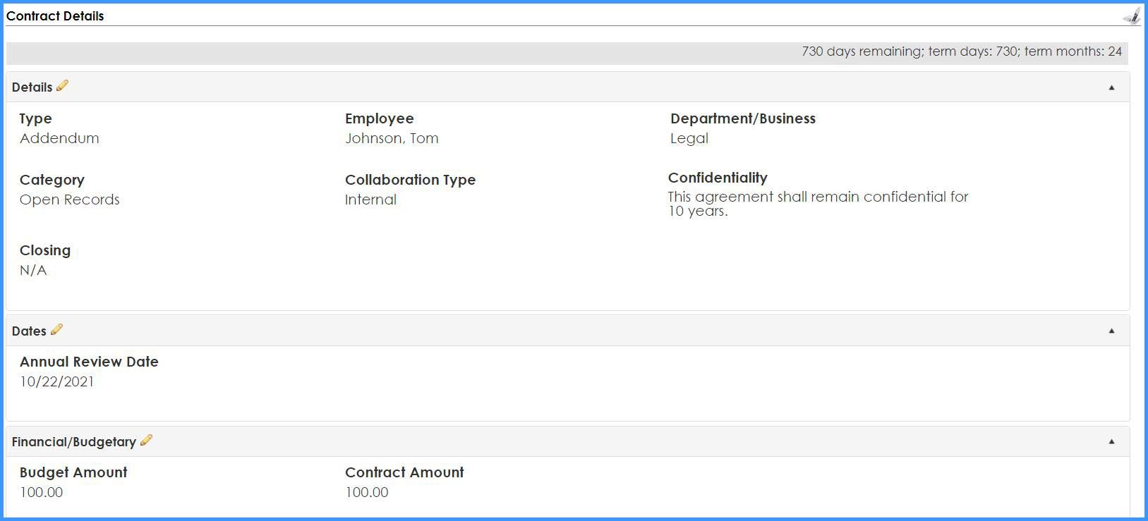 CobbleStone Software displays fields on a contract details page.