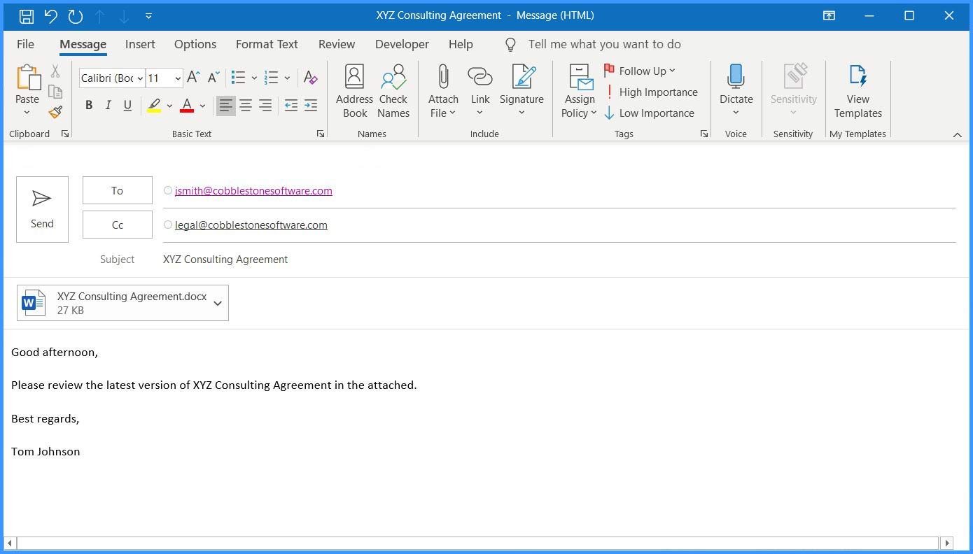 CobbleStone Software's PC Helper App can integrate MS Word and MS Outlook.