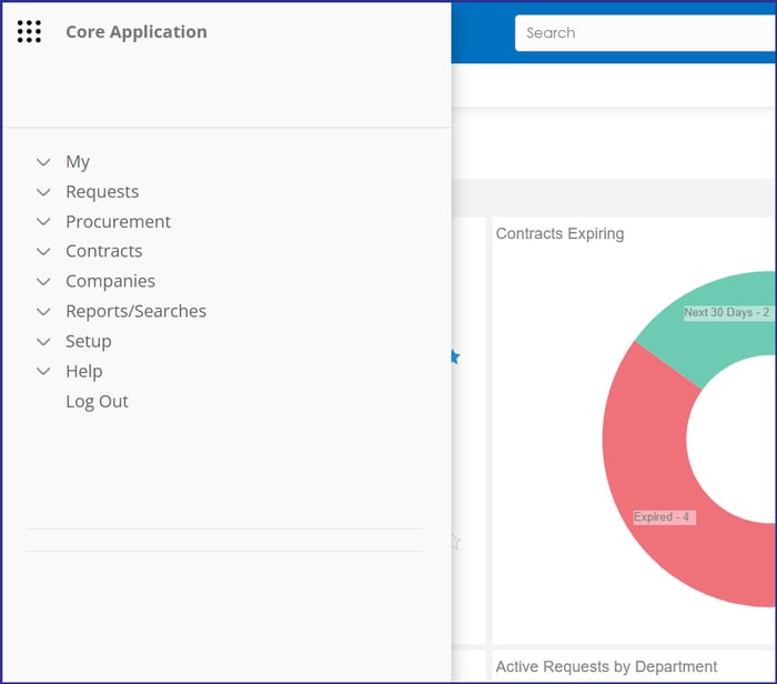 CobbleStone Contract Insight 22.1.0 Core application Side menu.