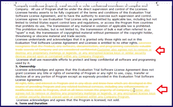 CobbleStone Software shows clause replacement as redlines within a new version.