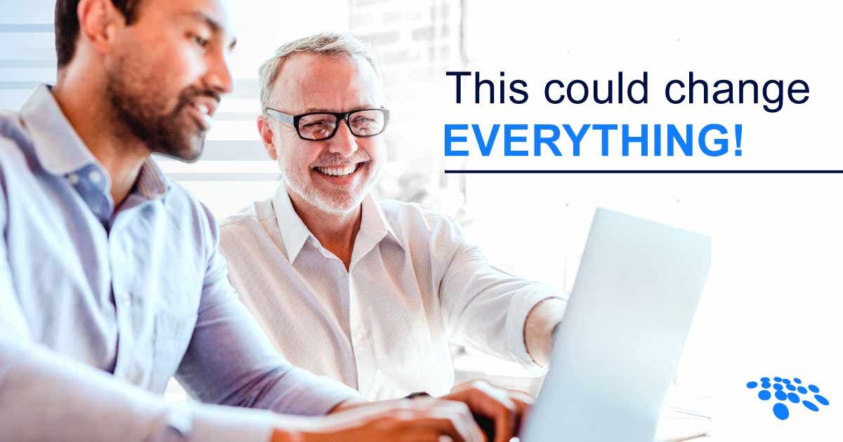 Two professionals working on a laptop in a bright office setting with bold text reading “This could change EVERYTHING!” — promoting a free contract process audit to improve workflow efficiency.